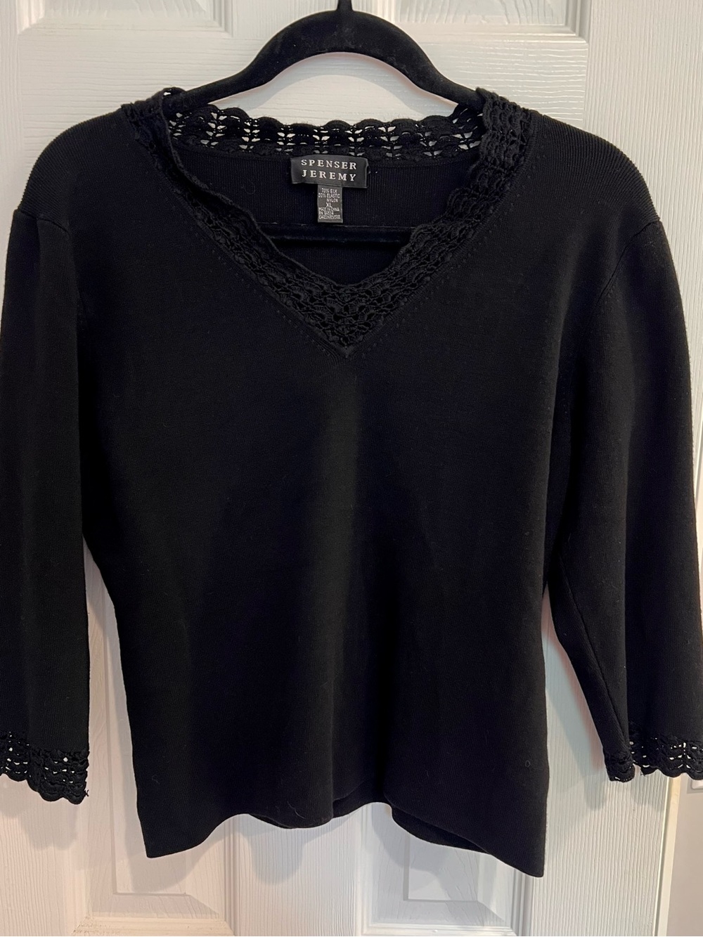 Silk Knit Crochet Trim 3/4 Sleeve Sweater Blouse Top Spencer Jeremy Black XL